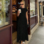 Talenza White Polka Dot Long Dress Summer Sexy High-Waisted Vintage Print Sleeveless Dress Casual Party Vacation New Women Dress