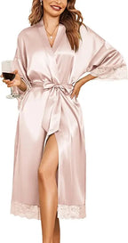 Womens Sexy Long Kimono Dress Lace Bath Robe Lingerie Gown Ice Silk Nightdress Solid Color Nightgown Nightwear Plus Size #0701