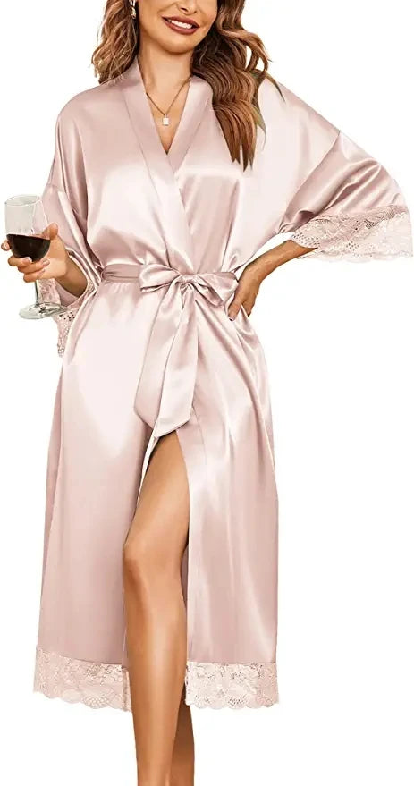 Womens Sexy Long Kimono Dress Lace Bath Robe Lingerie Gown Ice Silk Nightdress Solid Color Nightgown Nightwear Plus Size #0701