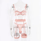 Lace Lingerie Set 3PC Sheer Bra Garter Belt Half Cup PushUp Underwear for Women