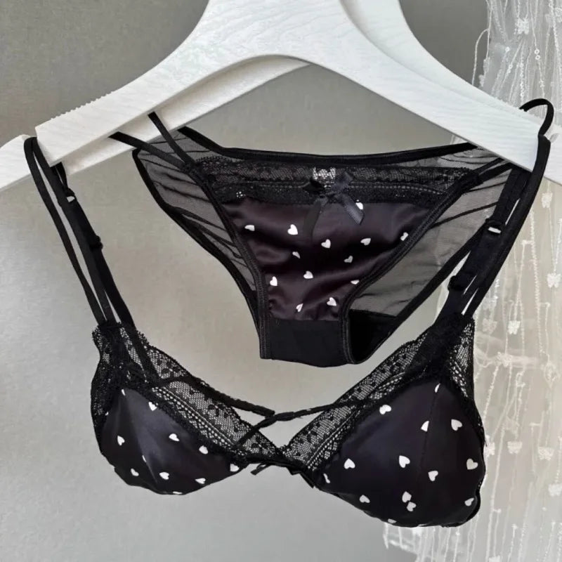 French Style Sweet Triangle Cup Lingerie Set Women Satin Lace Wireless Small Bust Gathered Thin Fabric Sexy Soft Underwear S-XL