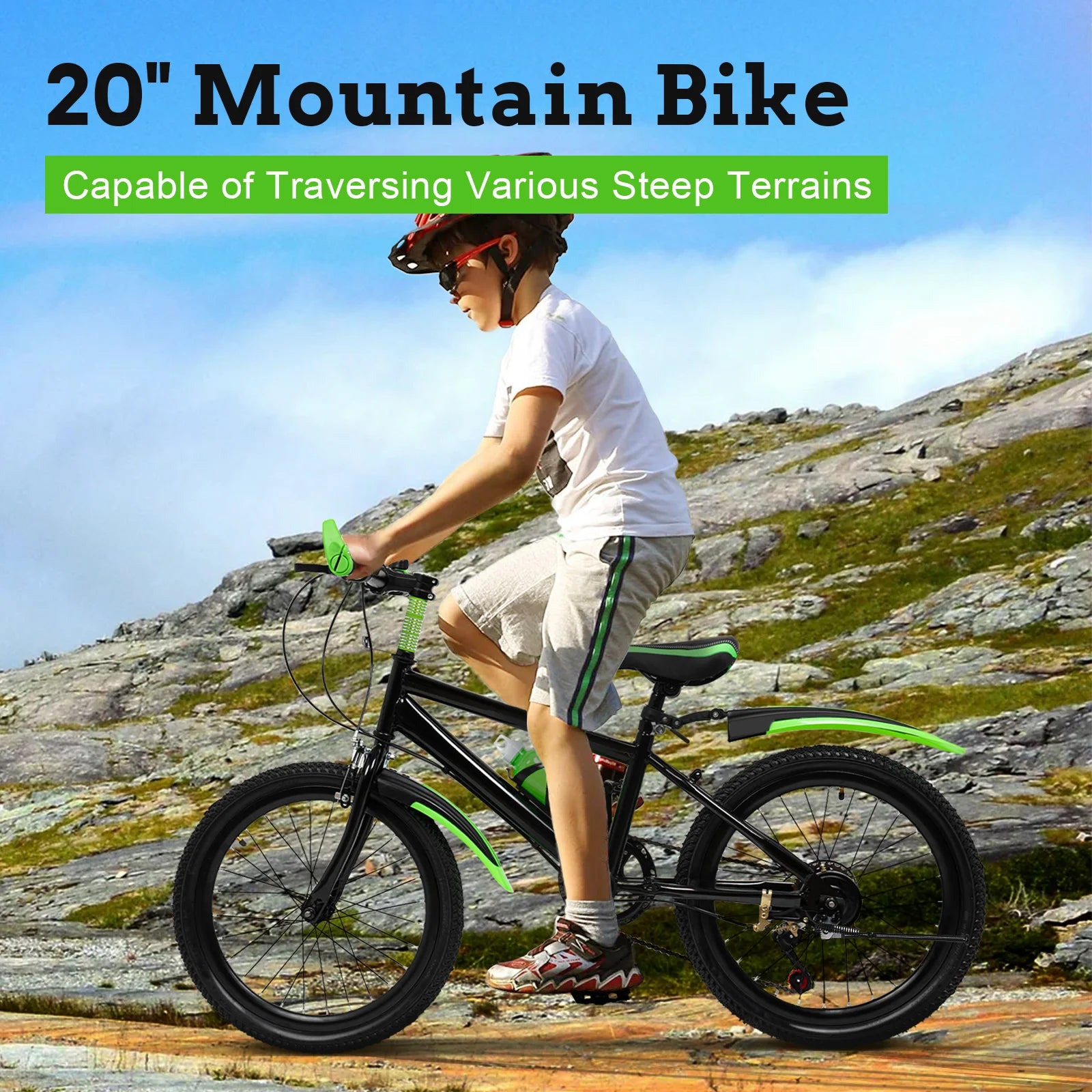 20 Inch Mountain Bike 7 Speed Gears, Adjustable Seat Kids' Bike with Mudguards Kettle Holder Kettle for Boys Girls 8-13 years