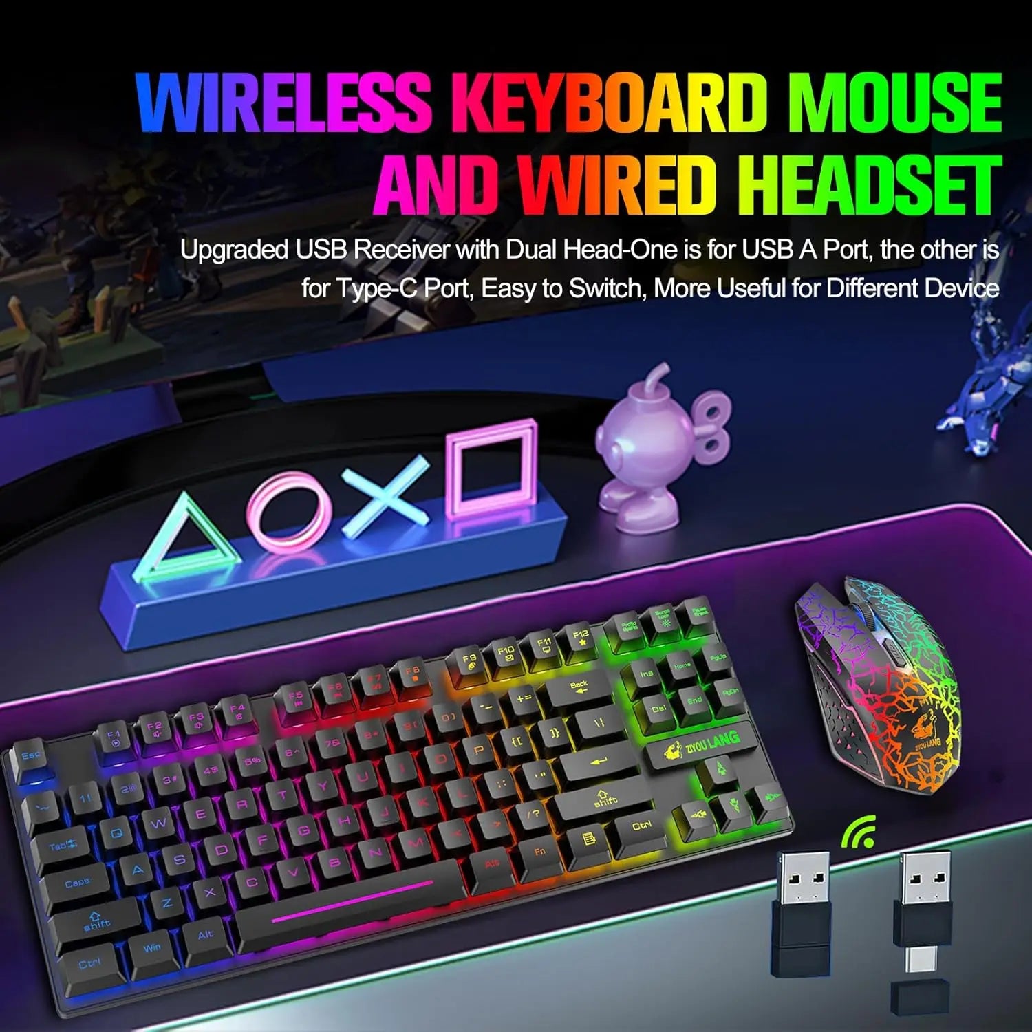 T87 Wireless Keyboard Mouse Set, Rainbow Backlit 2.4G Rechargeable Gaming Keyboard 2400DPI Optical Gaming Mouse with Mouse Pad Ürün ana görseli