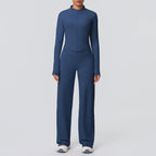 2pieces Quick Drying Sports Fitness Clothing Yoga Set Women Yoga Zipper Long Dleeves High Waisted Breathable Wide Leg Pants Set