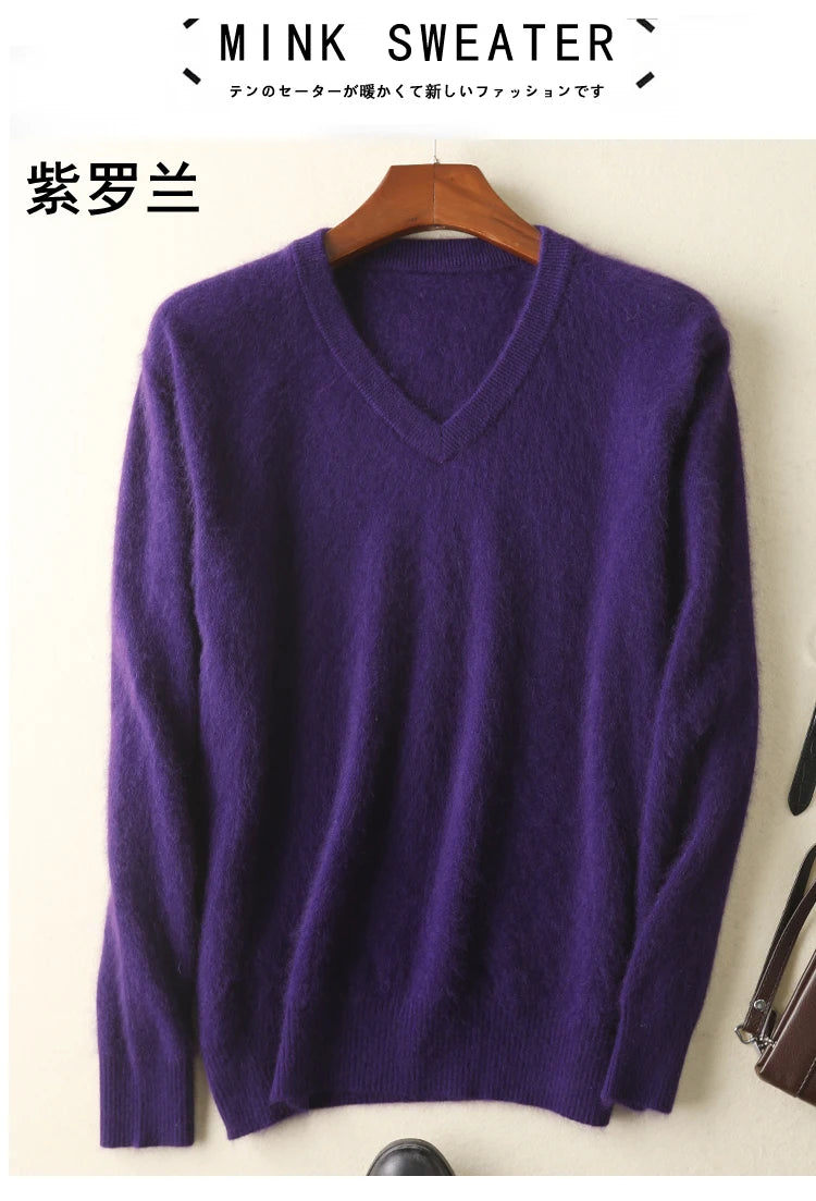 LHZSYY Men's 100% Mink Cashmere Large Size Sweaters Autumn Winter Solid V-neck Casual Knit Pullovers Men Long Sleeve Warm Jumper