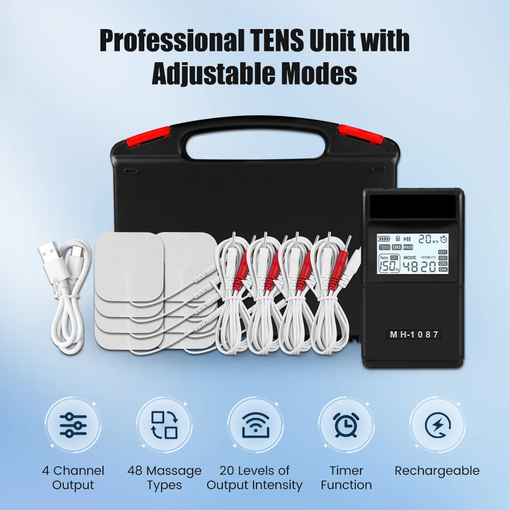 Digital TENS EMS Unit 4-Channel Tens Electrostimulator Rechargeable Muscle Stimulator with 20 Intensity Levels for  Pain Relief Main image