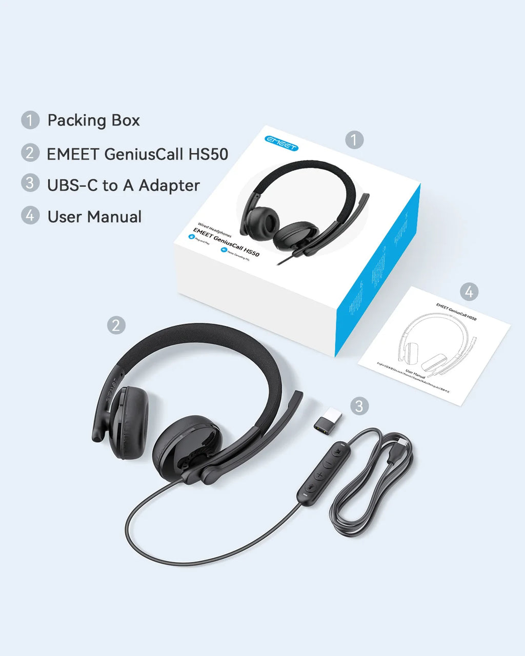 EMEET Wired Headset with Microphone Call Center USB Headphones ENC Noise Cancelling Office Cable Earphones for Phone/PC Computer