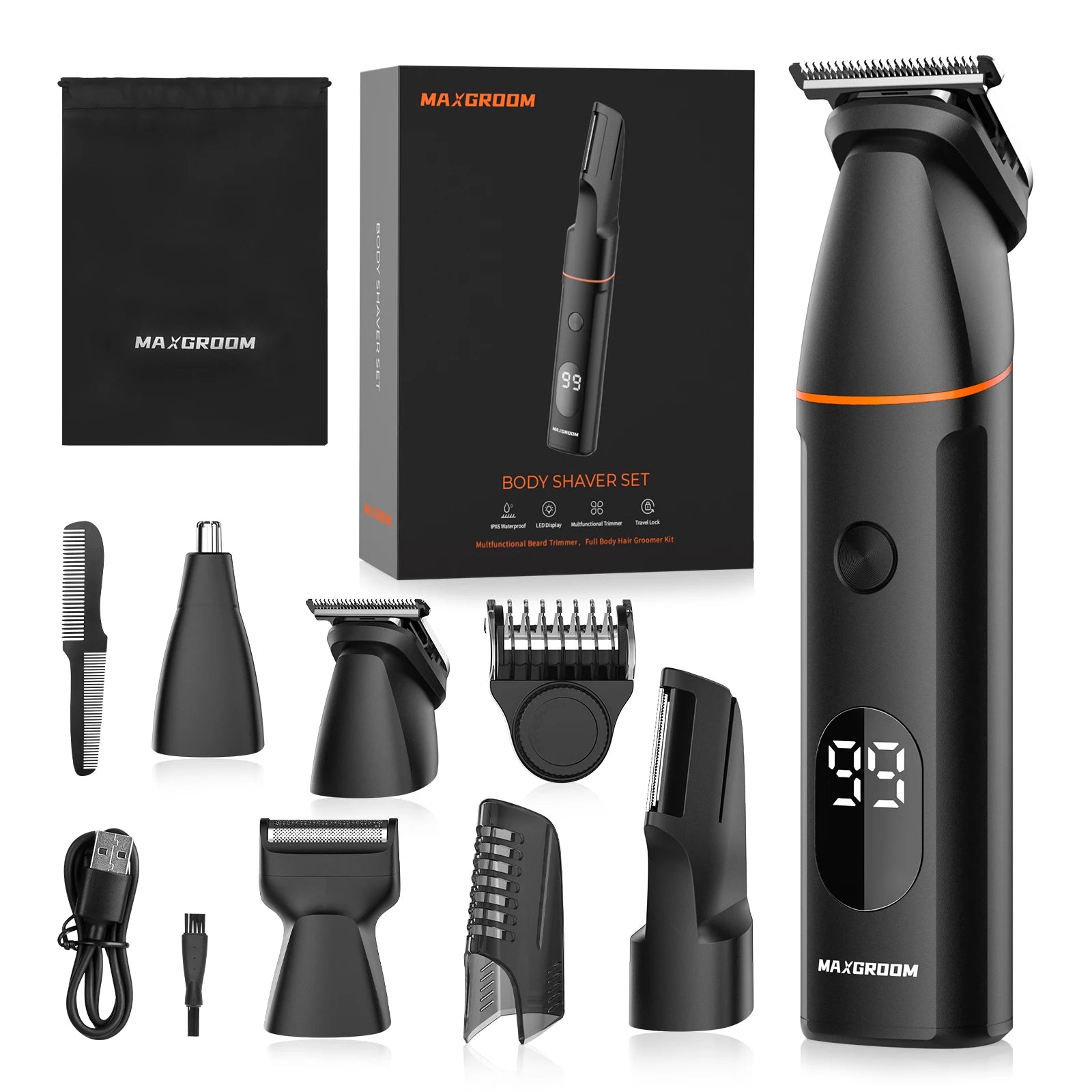 MAXGROOM Manscape Body Hair Trimmer 4 in 1 IPX6 Waterproof Pubic & Groin Shave Electric Grooming Kit for Men Nose Beard Trimmer Ürün ana görseli