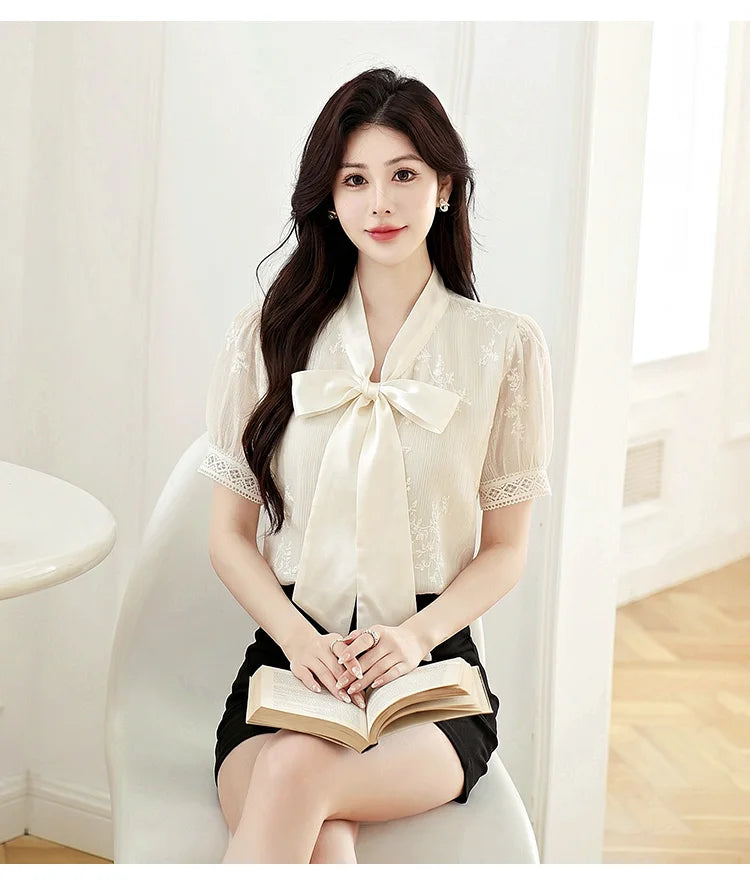 Blouses Shirts Women Blouse Shirt New Summer Bow Collar Embroidery Blouse Shirt Women Tops Short Sleeve Blusas Para Mujer Q4102