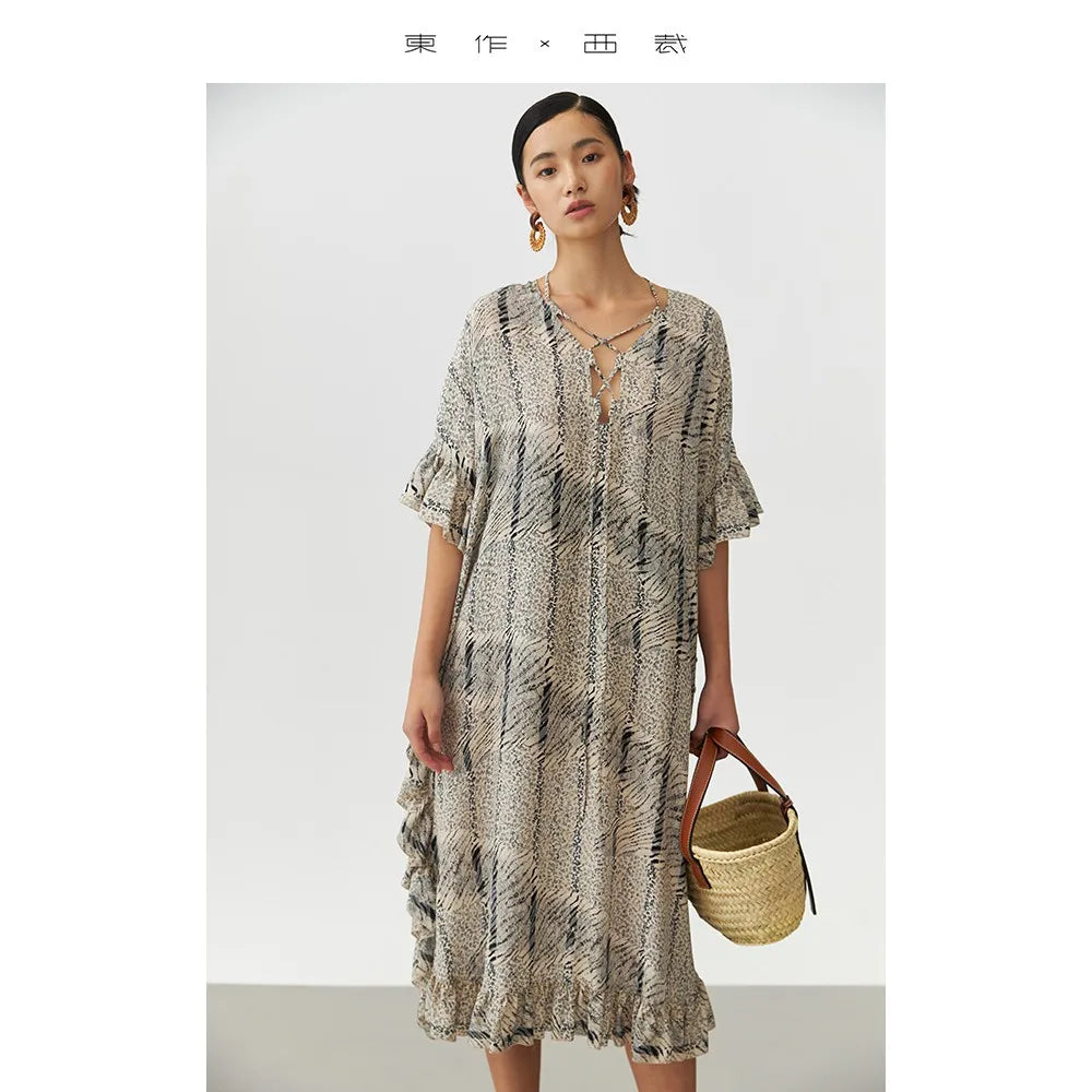 Animal Fiber Fabric~ Casual Dress for Women, Ruffled Silk Dress, Designer Niche Silk Long Dress, New Women's Fashion