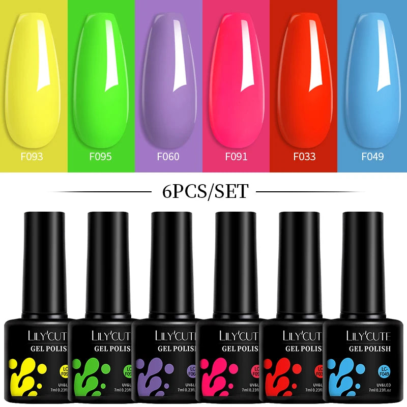 LILYCUTE 7ML 6PCS Neon Gel Nail Polish Set fluorescent Series Color Changing Semi Permanent Soak Off Manicure kit Nail Art Gel