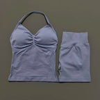 2 Pieces Sports Set Women Backless Halter Tops Fitness Tank Top High Waist Seamless High Stretch Shorts Gym Workout Sets