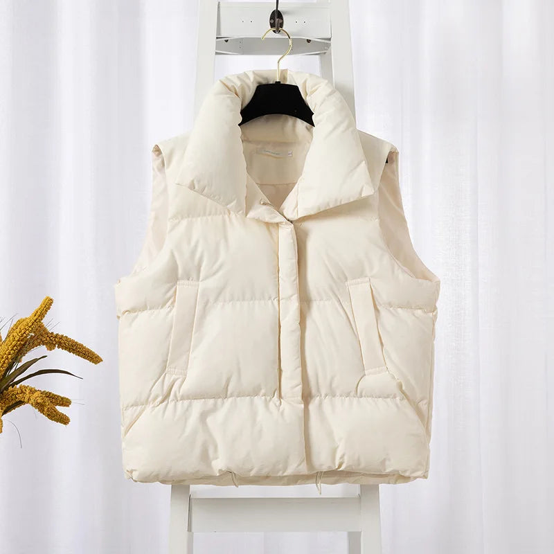 Women Fashion Autumn New 2024 Stand Collar Elegant Down Coats Warm Outerwear Casual Belt Sleeveless Winter Women Vests Jackets