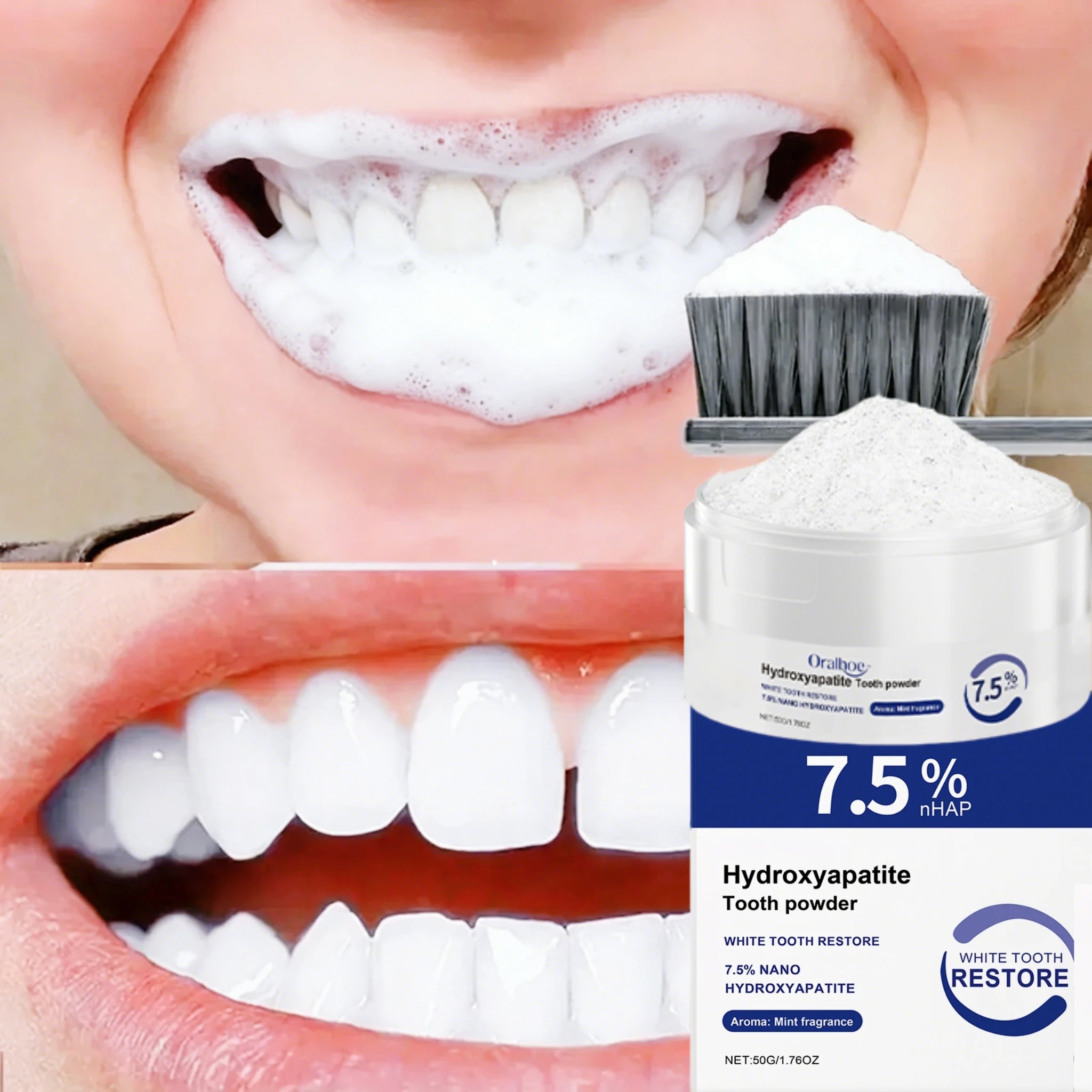 Oral Care Deep Cleaning Whitening Tooth Powder with 7.5% Hydroxyapatite - Remineralizing Cool Mint Enamel Repair Fresh Breath Ürün ana görseli