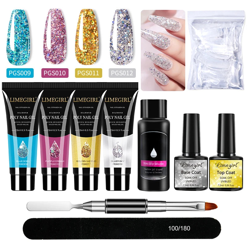 LIMEGIRL Nail Art Kit Poly Nail Gel Extending Soaking Gel Kit Nail Art Acrylic Gel Varnish Kit For Novices Semi Permanent Gel So