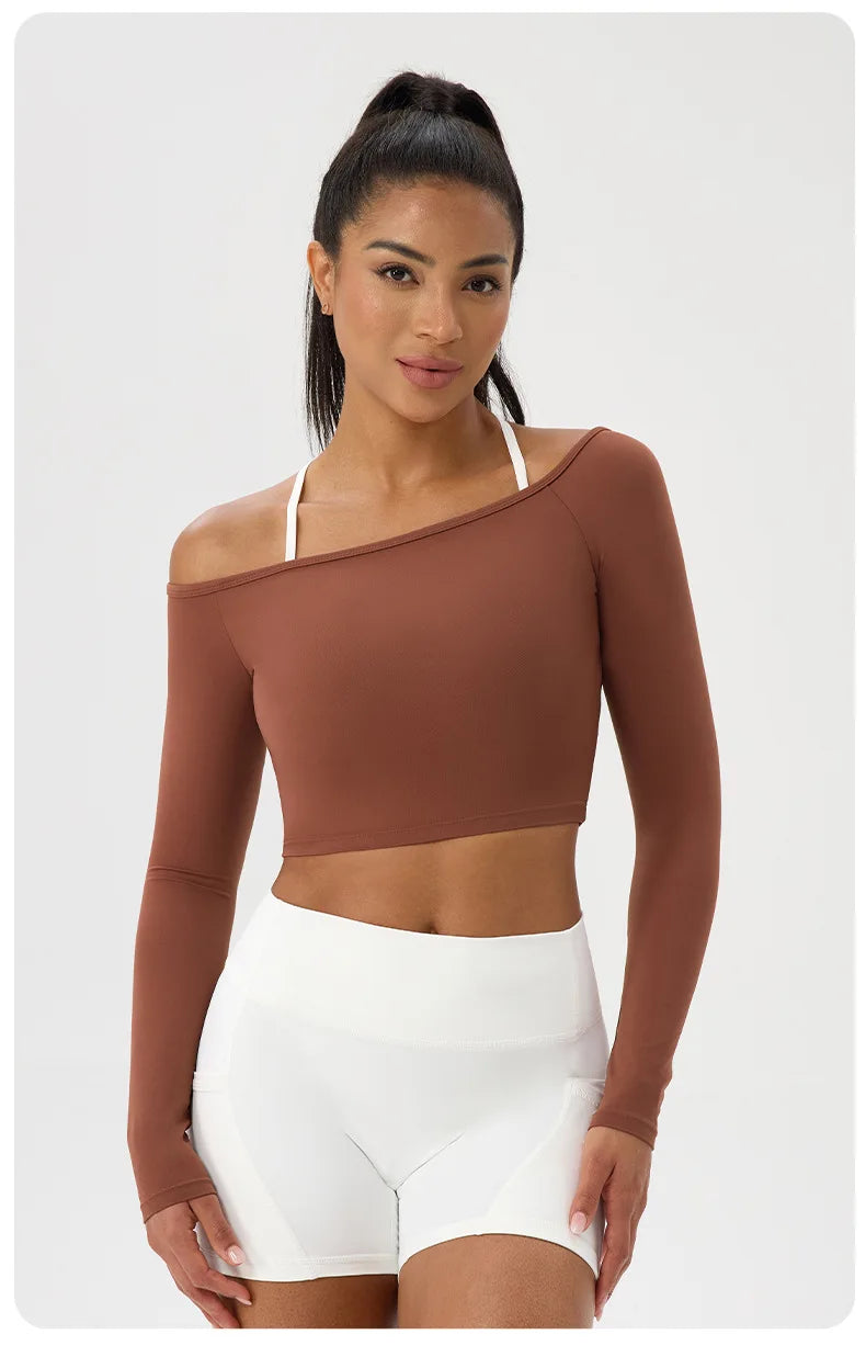 Yoga long-sleeved T-shirt women's one-shoulder sexy tight fitness wear top nude feel quick-drying sports sleeved Yoga Shirts