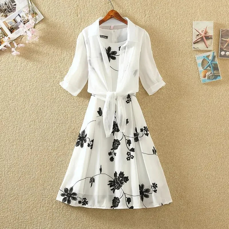 Elegant New Suit High Waist Sleeveless Slim A-line Skirt Floral Two-piece Dress Embroidery White Top Bow Belt Vintage Women