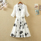 Elegant New Suit High Waist Sleeveless Slim A-line Skirt Floral Two-piece Dress Embroidery White Top Bow Belt Vintage Women