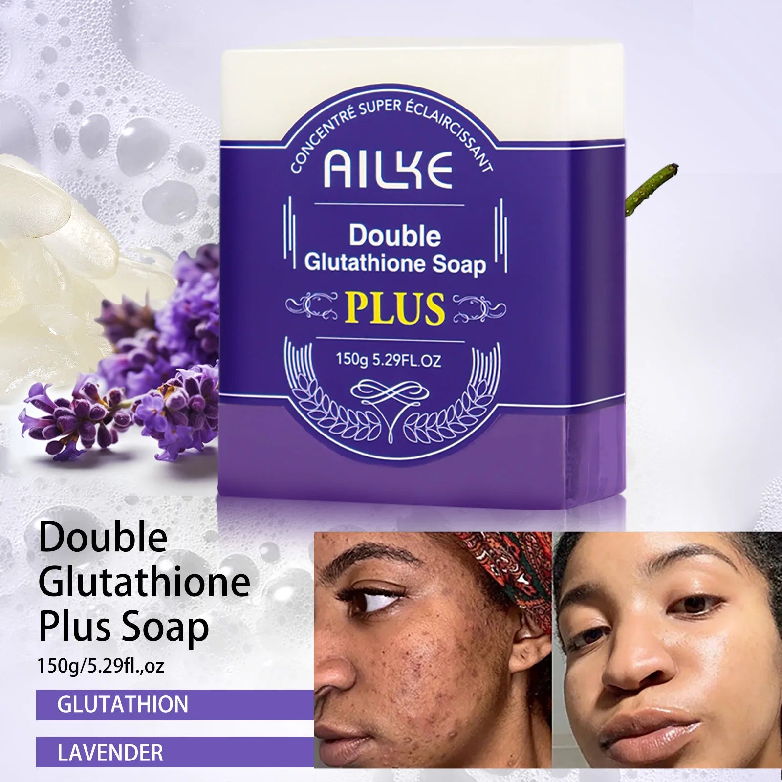 AILKE Double Glutathione PLUS Whitening Soap Bar, Reduce Dark Spots, Deep Clean Skin, Natural Lavender Scented for Face & Body Ürün ana görseli
