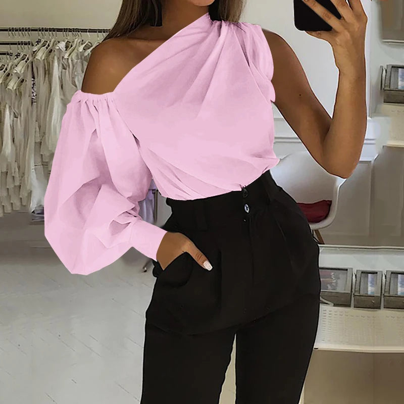 Sexy Off Shoulder Women Shirts Summer Lantern Sleeve Blouse Casual Loose Solid Tops Lady Elegant Blusas Femme Streetwear Shirt