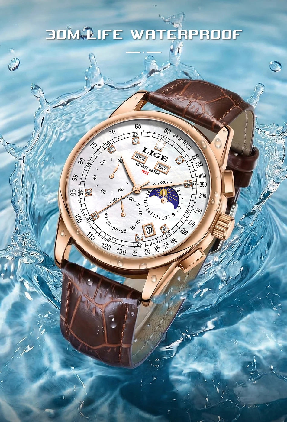 LIGE Retro Elegant Quartz Women's Wristwatches Simple Diamond Dial Fashion Casual Outdoor Date Waterproof Moon Phase Woman Watch