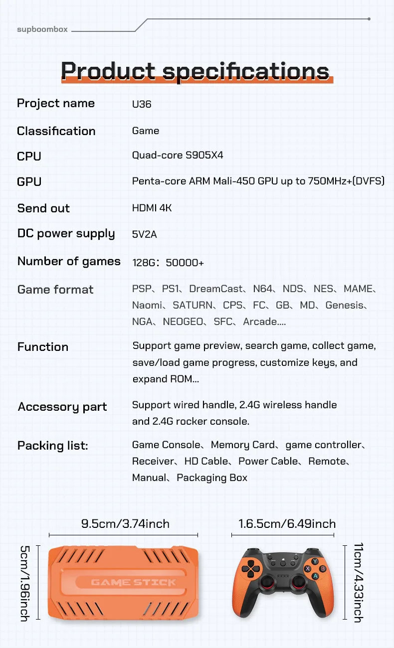 U36 Game Joystick with 50,000+ games pre-installed, 4K HD output, Retro game console, 3D, 40+ emulators, PSP, PS1