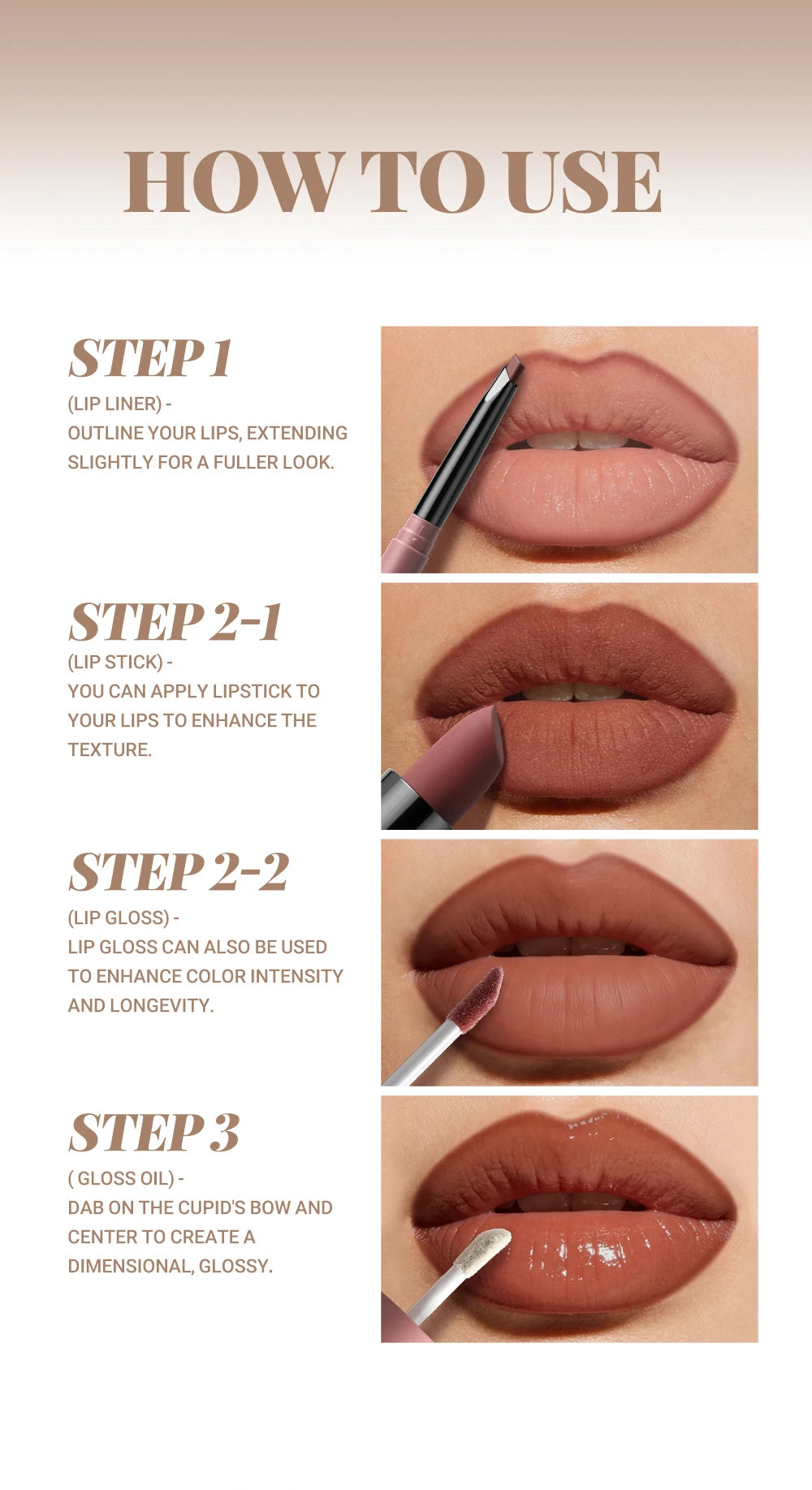 4pcs/Set Long Lasting Waterproof Lip Makeup Kit - Soft Smooth Creamy Lipliner Lipstick & lip gloss lip oil Set