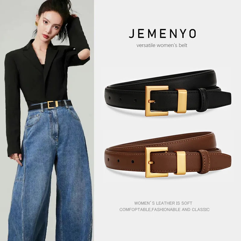 Ladies leather belt; cowhide versatile decoration for suit waist belt; retro simple high-end black ins style denim belt. Ürün ana görseli