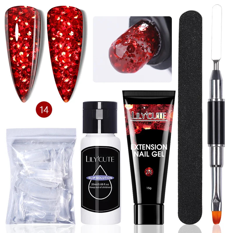 LILYCUTE 15ml Extension Gel Nail Polish Set Quick Nail Prolong With Extend Mold Nail Tips Acrylic Solution Manicure Tools Kit