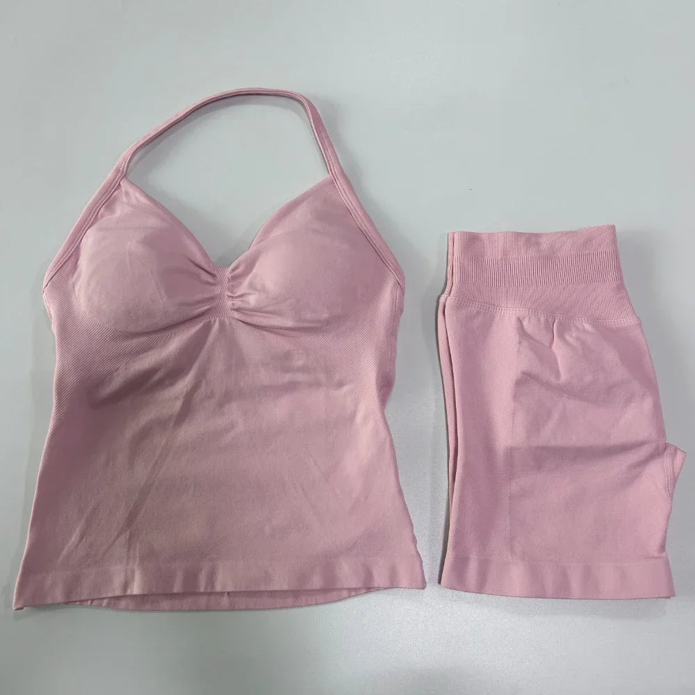 No Logo 2 Pieces Sports Set Women Backless Tank Tops High Waist Scrunch Seamless Shorts Gym Set Sportswear Workout Set Yoga