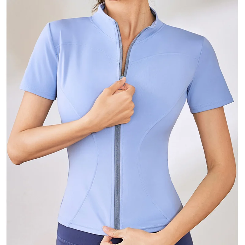 Slim Fit Short Sleeve Yoga Shirt Women's Stand Collar Zipper Jacket High End Running Sport Fitness Top