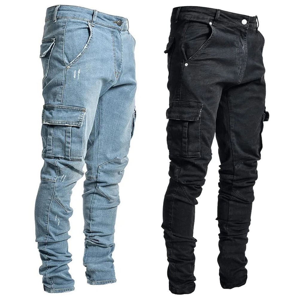 Street Elastic Jeans Men Denim Cargo Pants Wash Solid Color Multi Pockets Casual Mid Waist Trousers Slim Fit Daily Wear Joggers Ürün ana görseli