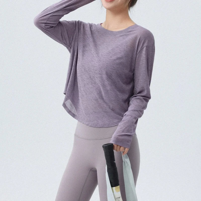 DRUR Women's Long Sleeve Yoga T-Shirts, Loose Fit Sports Fitness Crop Tops Casual Lightweight Thin Shirt For Gym Street Travel
