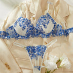 Blue Lingerie Set Lace Embroidery Bra Panty 2Piece Sheer Tulle Fantasy Underwear for Women