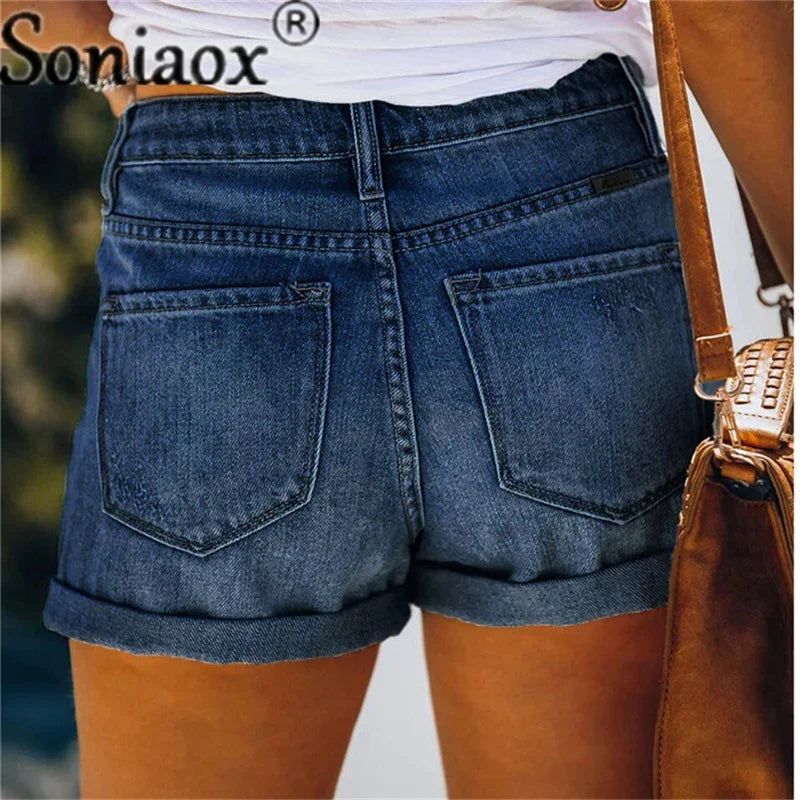 2024 Summer New Women Crimping Button Up Stretch Sexy Hole Jean Shorts High Waist Skinny Streetwear Trendy Ripped Denim Shorts