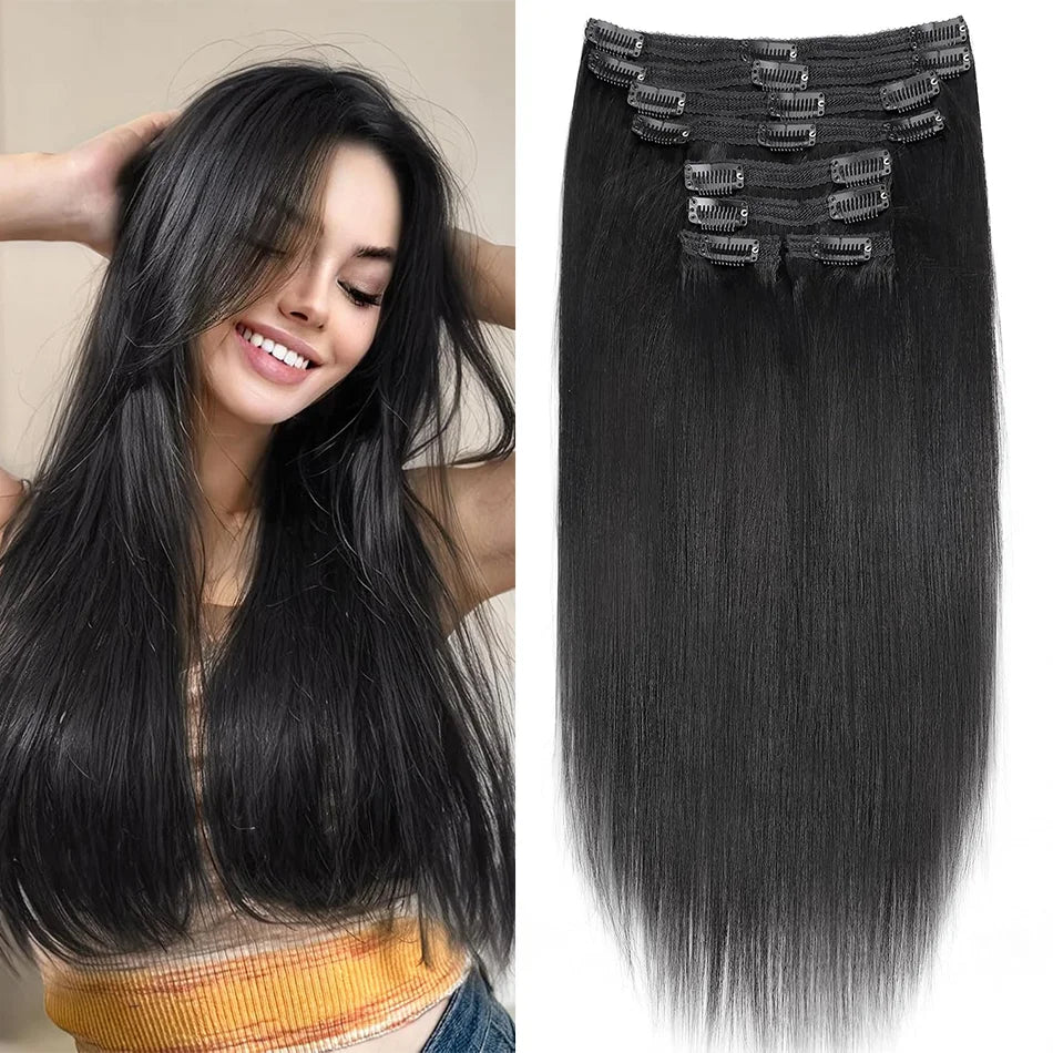8Pcs Clip In Human Hair Extensions 100% Real Human Hair Clip in Natural Hair Extensions Straight Hair Pieces 14-26Inch Remy Hair Main image