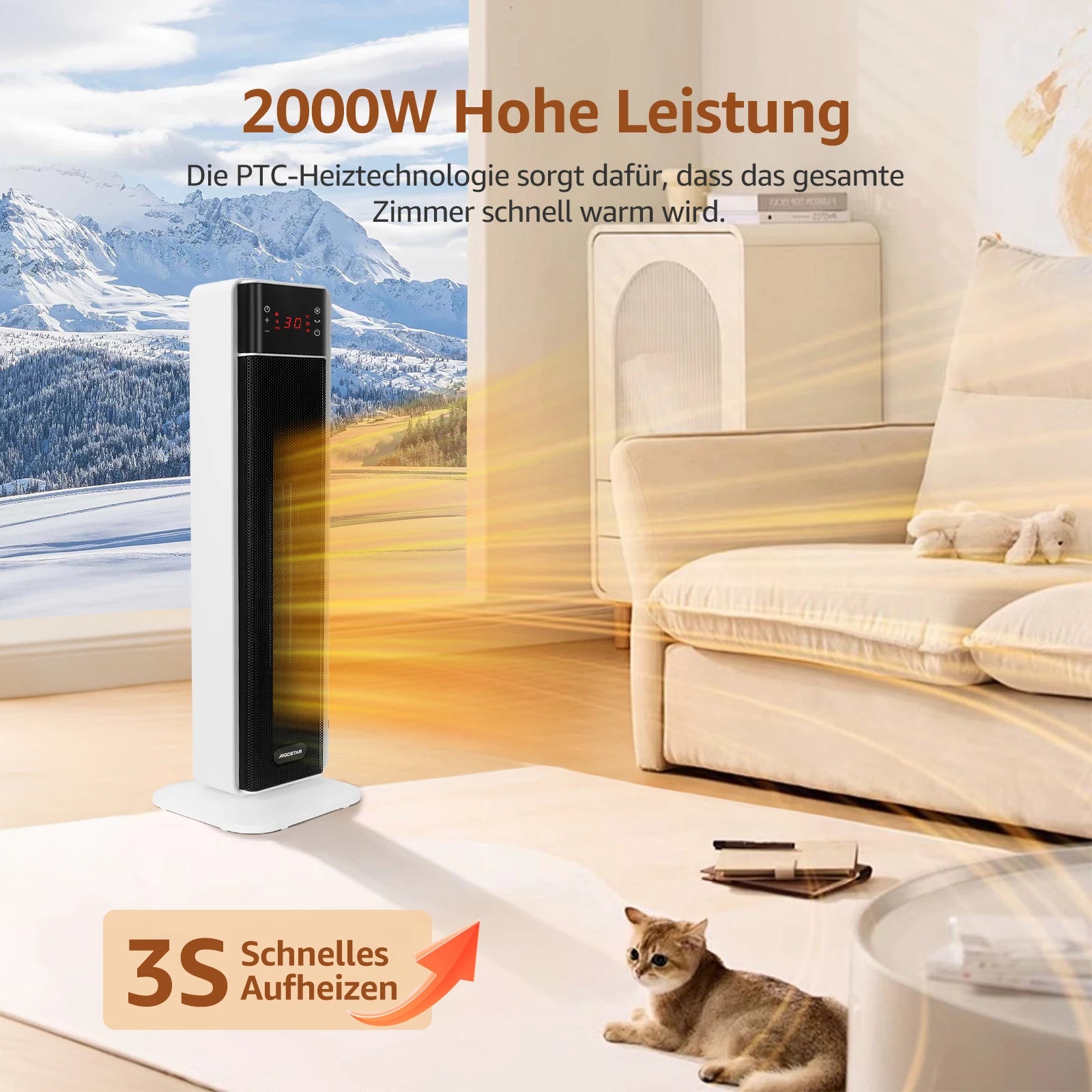 Aigostar Energy-Saving Fan Heater with Thermostat, 2000W PTC Ceramic Fan Heater with Remote Control, 70° Oscillation, 4 Modes