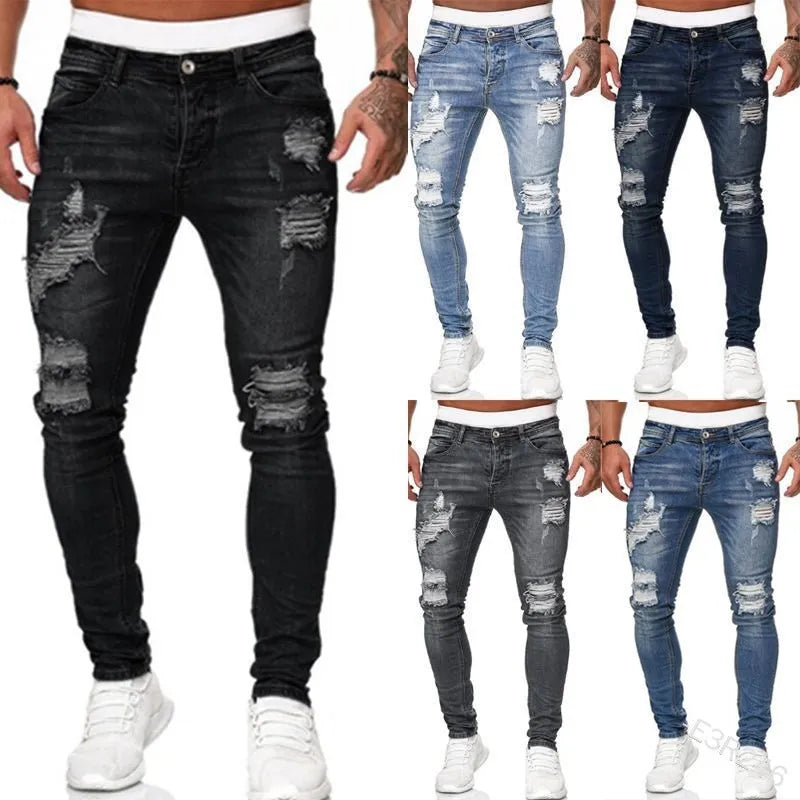 Fashion Street Style Ripped Skinny Jeans Men Vintage wash Solid Denim Trouser Mens Casual Slim fit pencil denim Pants hot sale Ürün ana görseli