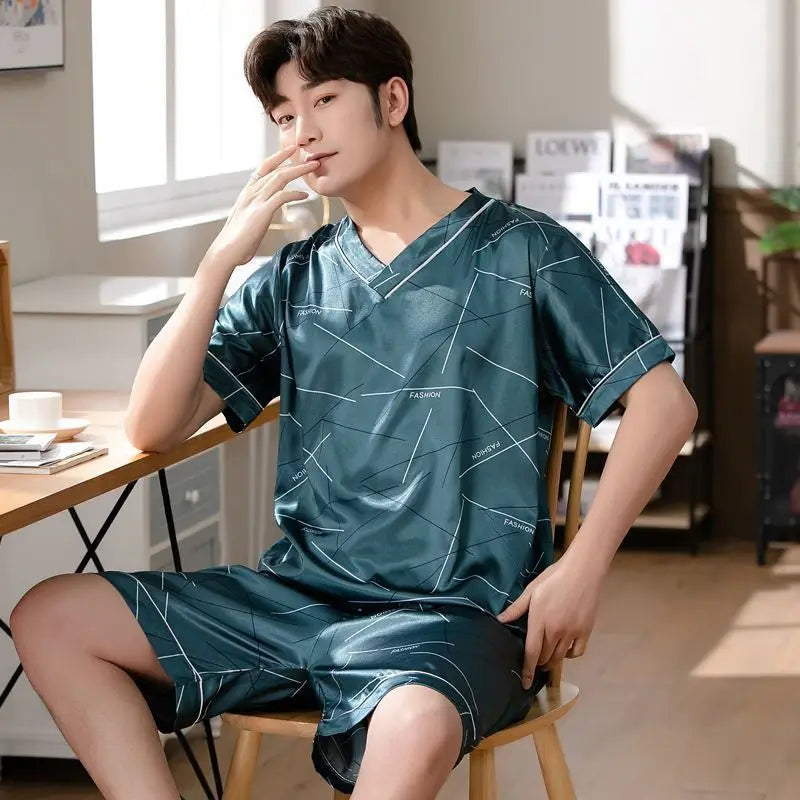Pajamas Men Ice Silk Thin Short-Sleeved Two-Piece Suit Korean Version of the Loose Large Size Men Home Clothing with Letters Ürün ana görseli