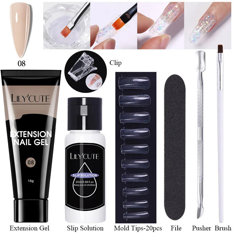 LILYCUTE 15ml Extension Gel Nail Polish Set Quick Nail Prolong With Extend Mold Nail Tips Acrylic Solution Manicure Tools Kit