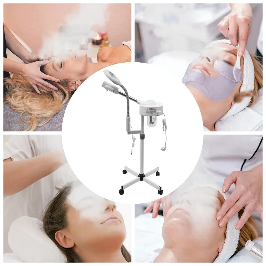 Dampfgerät für Gesicht, 2-in-1-Kombination, Zerstäuber, Ozon, Salon, Spa, Lupe, Luftbefeuchter mit LED-Lupenlampen, für Schönhei