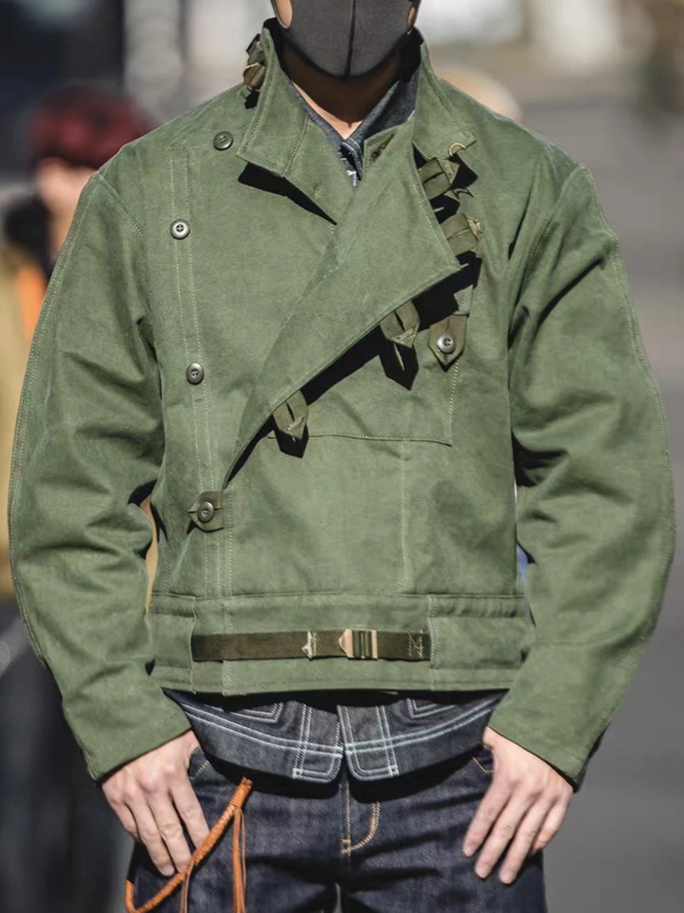 Swedish motorcycle jacket, men's retro military green casual cropped jacket, 100% cotton canvas workwear asymmetric safari style Ürün ana görseli