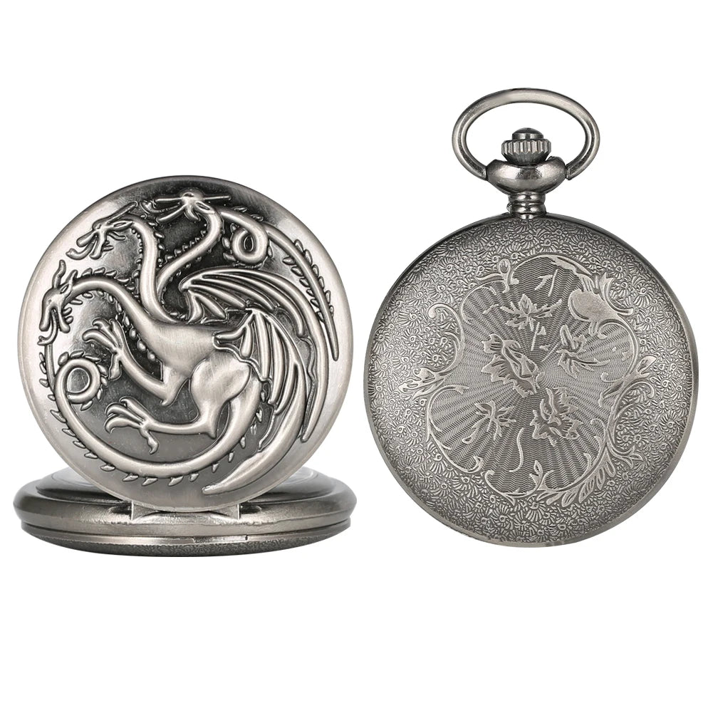 Retro Gray Three-headed Fire Dragon Necklace Quartz Pocket Watch Men Antique Nordic Amulet Pendant Women Game Movie Jewelry Hour