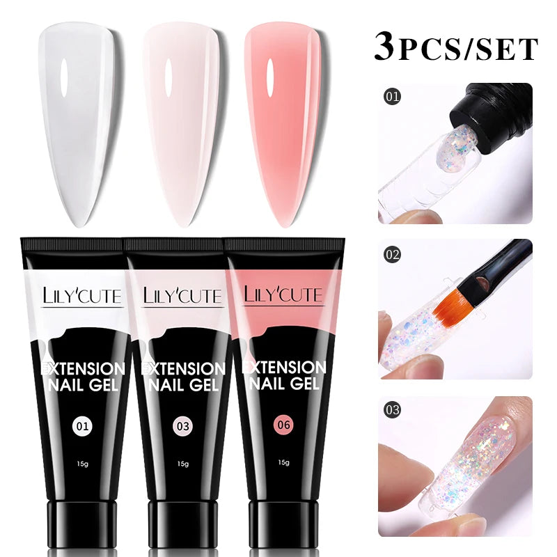 LILYCUTE 15ml Extension Gel Nail Polish Set Quick Nail Prolong With Extend Mold Nail Tips Acrylic Solution Manicure Tools Kit