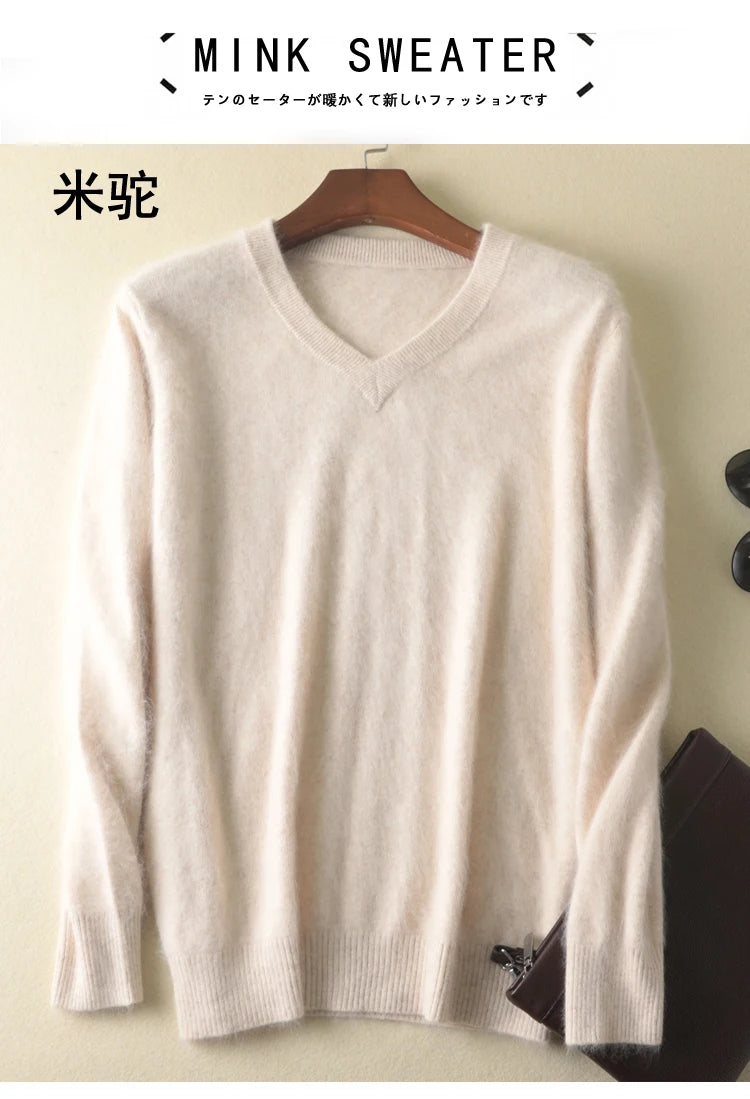 LHZSYY Men's 100% Mink Cashmere Large Size Sweaters Autumn Winter Solid V-neck Casual Knit Pullovers Men Long Sleeve Warm Jumper