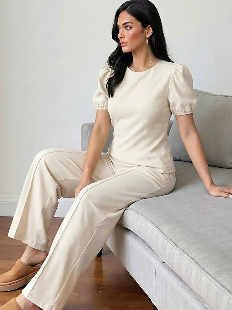 HH Women Elegant Beige Matching Set O Neck T-Shirt Solid Puff Sleeve Top Casual Lady Wide Leg Trousers High Street Chic Outfit Ürün ana görseli