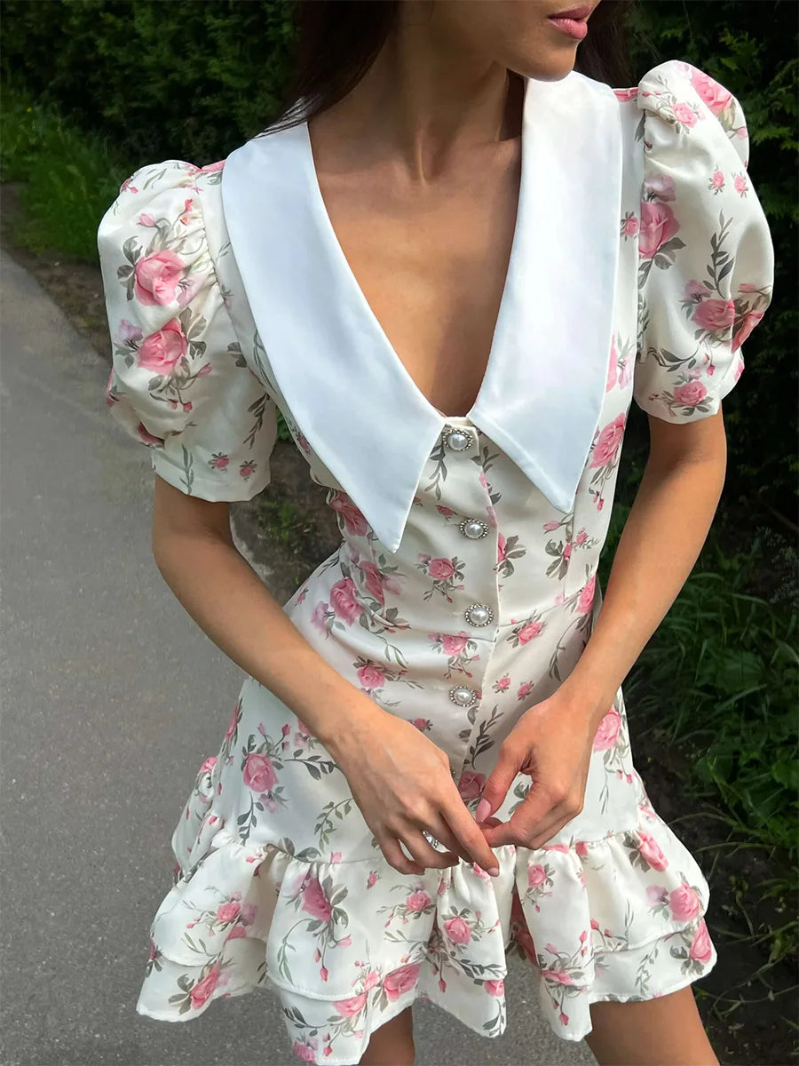 Tossy Printed Lapel Fashion Mini Dress Women's Short Sleeve Patchwork Contrast Elegant Summer Dress 2025 Female Bodycon Dress