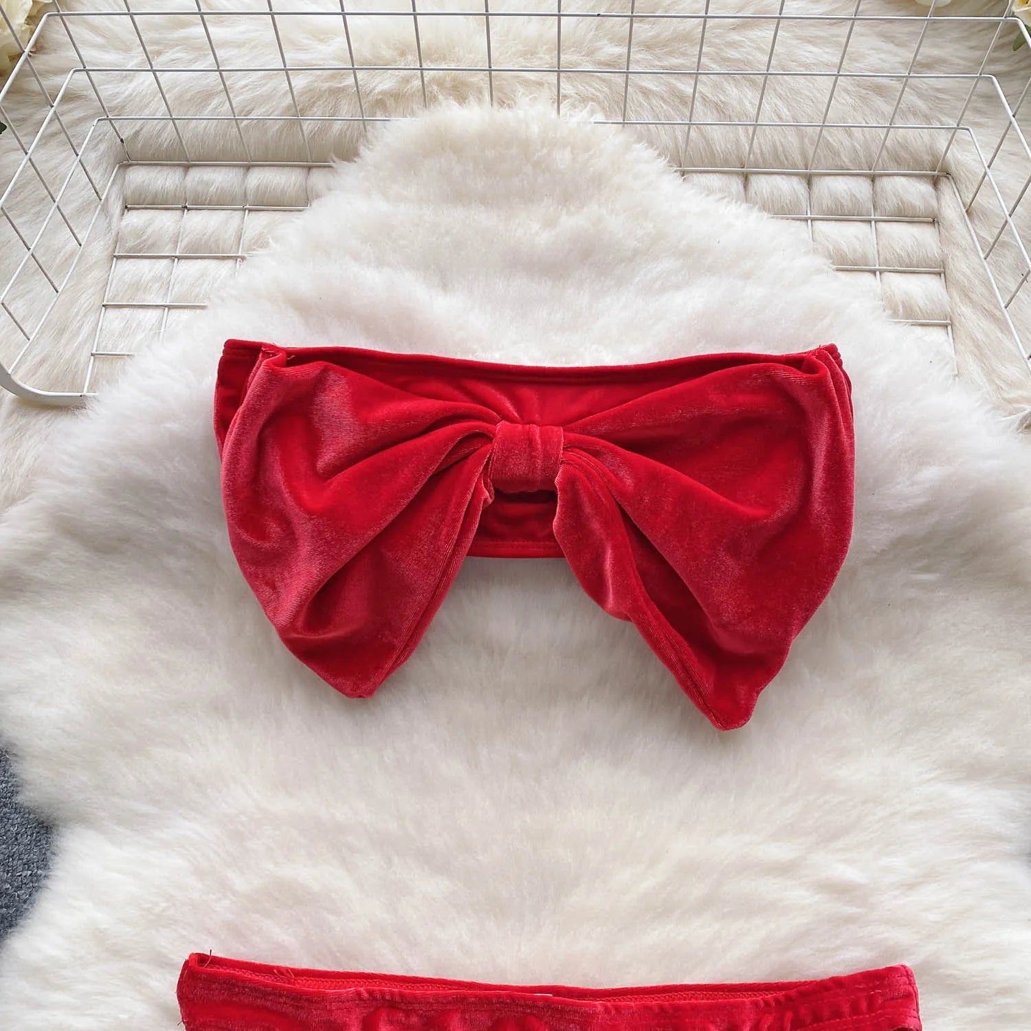 SINGREINY Christmas Erotic Lingerie Suits Ladies Strapless Bodycon Short Sleepwear Fashion Velvet Bow Sensual Underwear Sets