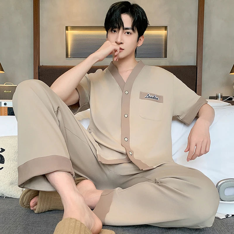 Men's Japanese Kimono Casual Fashion Solid Color Cardigan Loose Summer Short-Sleeved Pajamas with long pants Home Comfort Wear Ürün ana görseli