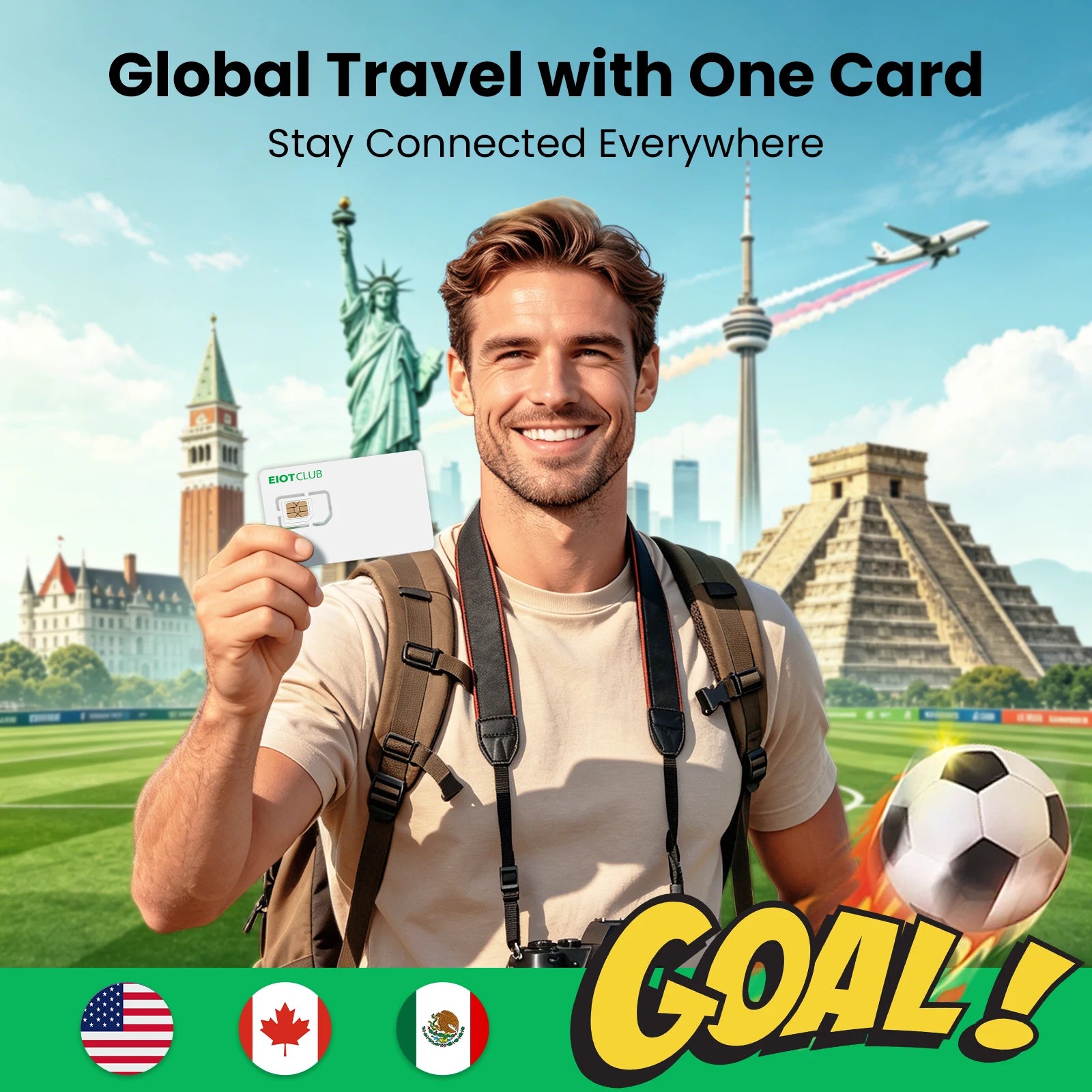 Football Fans Travel SIM Card US Canada Mexico Europe Global Data Prepaid SIM for Phone Router Hotspot for International Travel